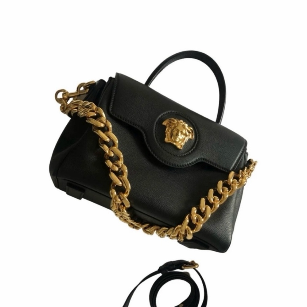 Versace Black Leather Shoulder Bag with Gold Chain